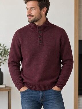 Men's Maroon Turtleneck Sweater with Button Detail 100% Lambs Wool